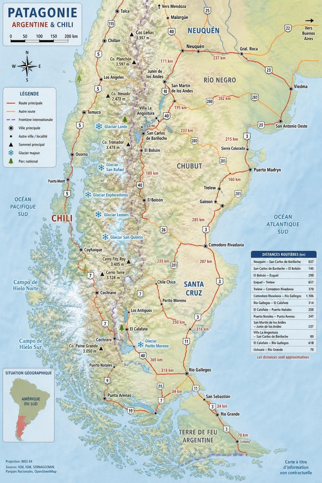 découvrez la patagonie grâce à une carte détaillée, des distances précises et nos conseils pour organiser facilement votre itinéraire de voyage.