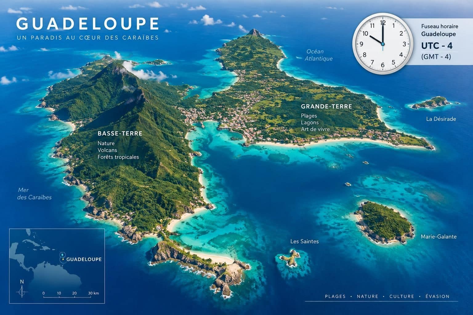 découvrez le décalage horaire en guadeloupe : même fuseau qu’en martinique, mais plusieurs heures de différence avec la métropole selon la saison.