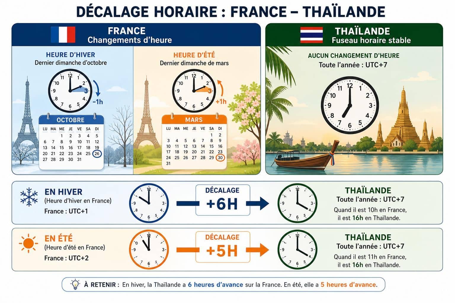 découvrez le décalage horaire entre la thaïlande et la france, variant entre +5h et +6h selon la saison française, pour bien planifier vos voyages ou communications.