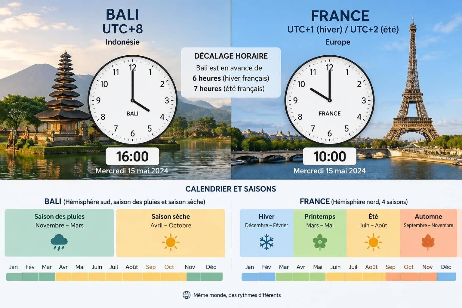 découvrez le décalage horaire entre bali et la france : 6 heures en hiver, 7 heures en été. repères sur l’heure locale et conseils pour préparer votre voyage.